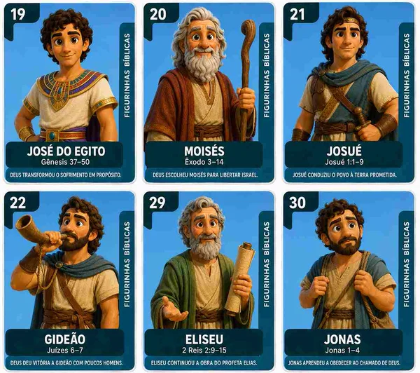 Figurinhas de José, Moisés e Josué, cartelas 19 a 22